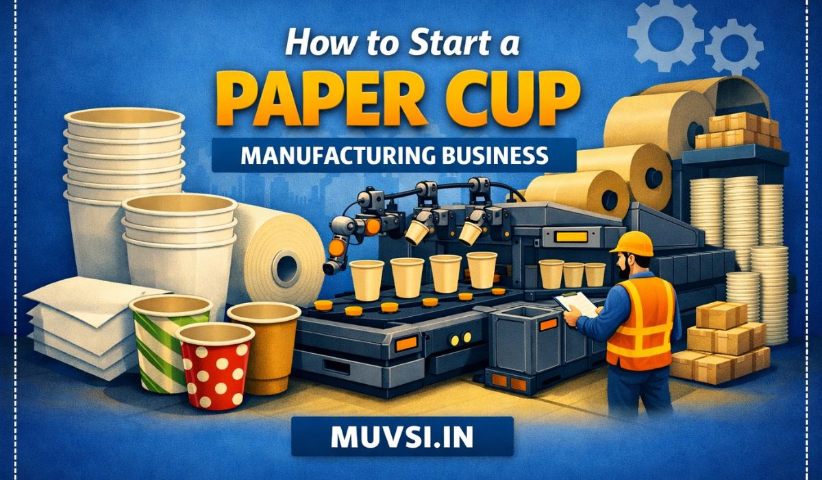 Illustrated banner showing paper cup manufacturing process with robotic arms, worker, and colorful finished cups. muvsi.in