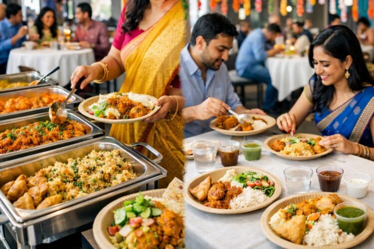 modern Indian catering event using disposable paper plates, buffet serving food, guests dining, realistic photography, vibrant colors, no text.